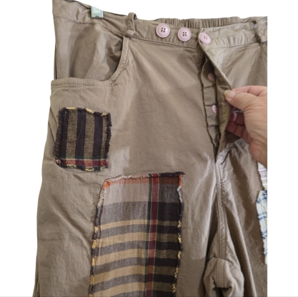 Jaded Gypsy Traveling On Pants Khaki with Plaid Patches L/XL Button Fly - Picture 3 of 7